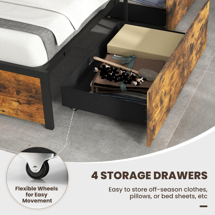 Giantex Queen/Full/Twin Size LED Bed Frame with Charging Station, Metal Platform Bed with Upholstered Headboard &amp; 4 Storage Drawers