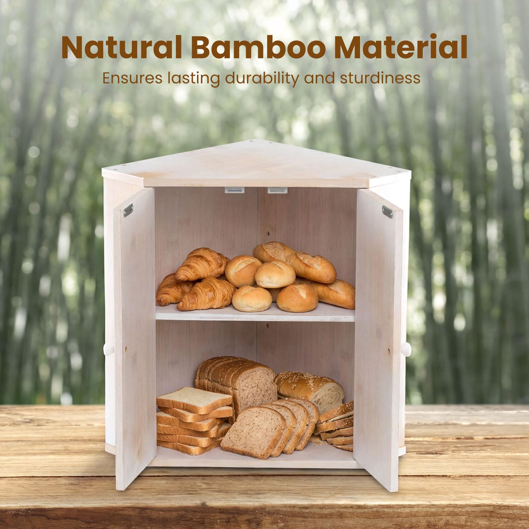 Giantex Corner Bread Box for Kitchen Countertop | Bamboo Wood Storage Bin with 2-Tier Pantry Shelves
