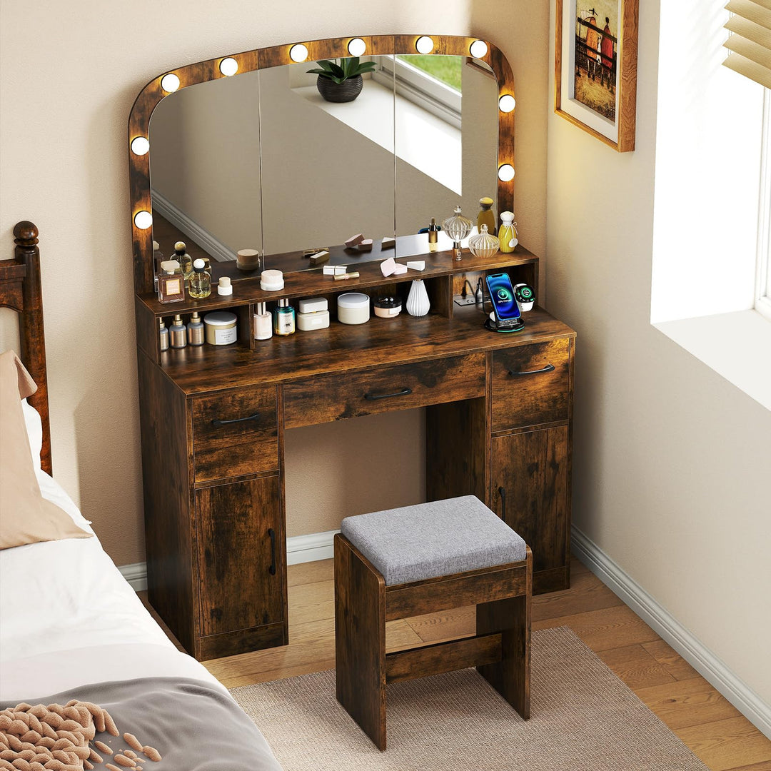 Giantex Vanity Desk Makeup Table with Stool 3-Color Lights and Charging Station