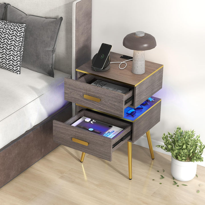 Giantex Nightstand with Charging Station &amp; LED Lights, 28.5" Bedside Table with 2 Drawers