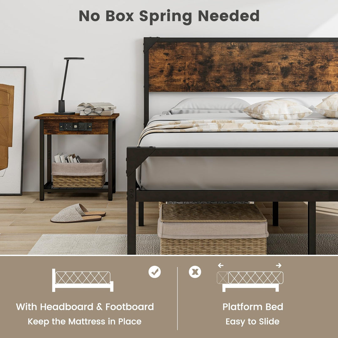 Giantex Full Size Bed Frame with Rustic Headboard &amp; Footboard, Strong Metal Slat Support Mattress Foundation