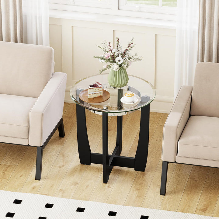 Giantex Round Glass End Table - 24’’ Side Table with Tempered Glass Top