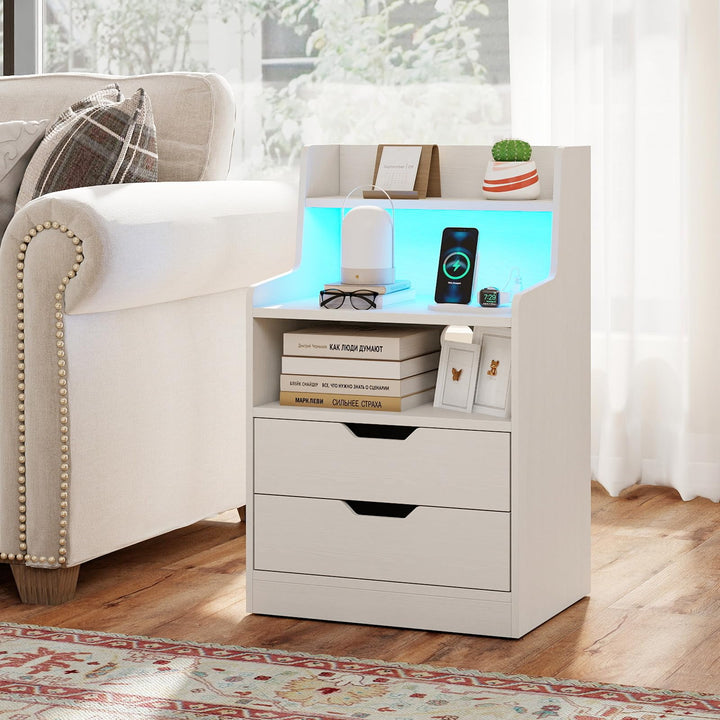 Giantex Nightstand with LED Light and Charging Station for Living Room Bedroom