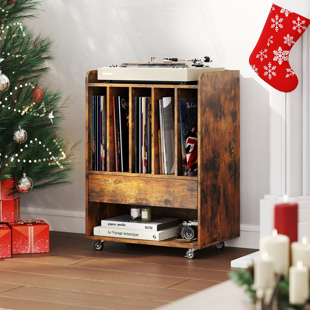 Giantex Record Player Stand Rolling Turntable Stand with Drawer &amp; Lockable Wheels