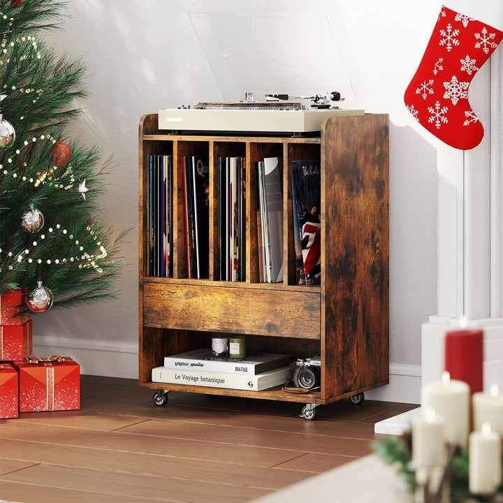 Giantex Record Player Stand Rolling Turntable Stand with Drawer &amp; Lockable Wheels