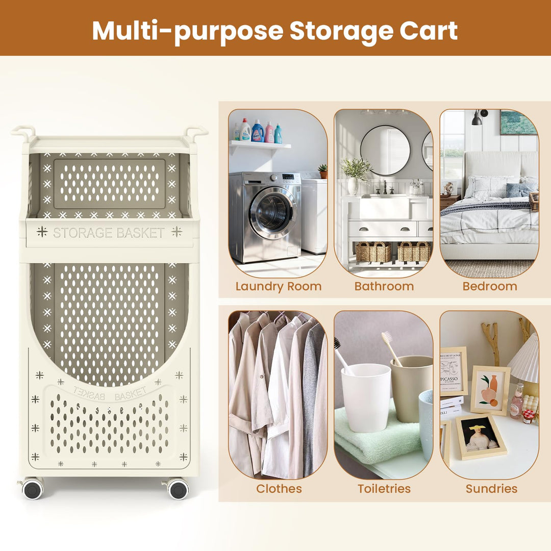 Giantex 3-Tier Rolling Laundry Cart with wheels Folding Laundry Basket with 2 Baskets