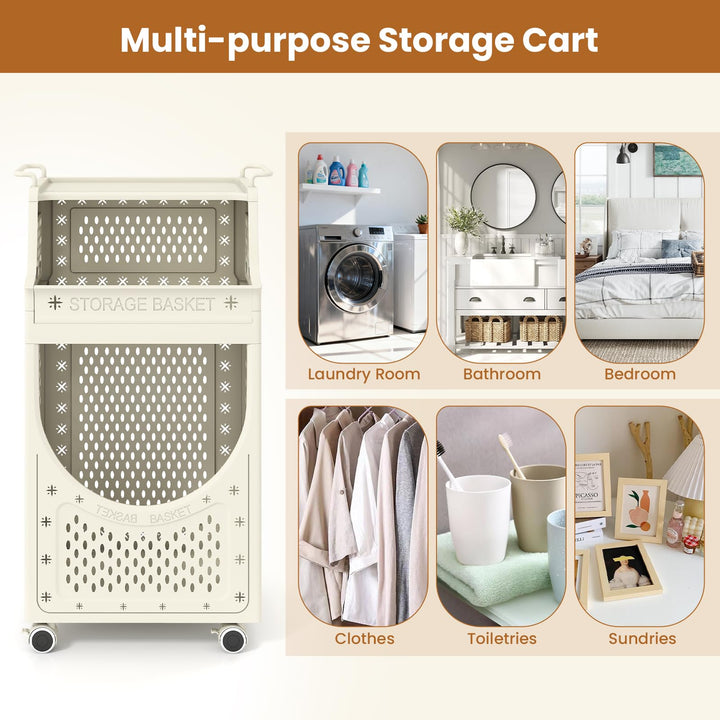 Giantex 3-Tier Rolling Laundry Cart with wheels Folding Laundry Basket with 2 Baskets