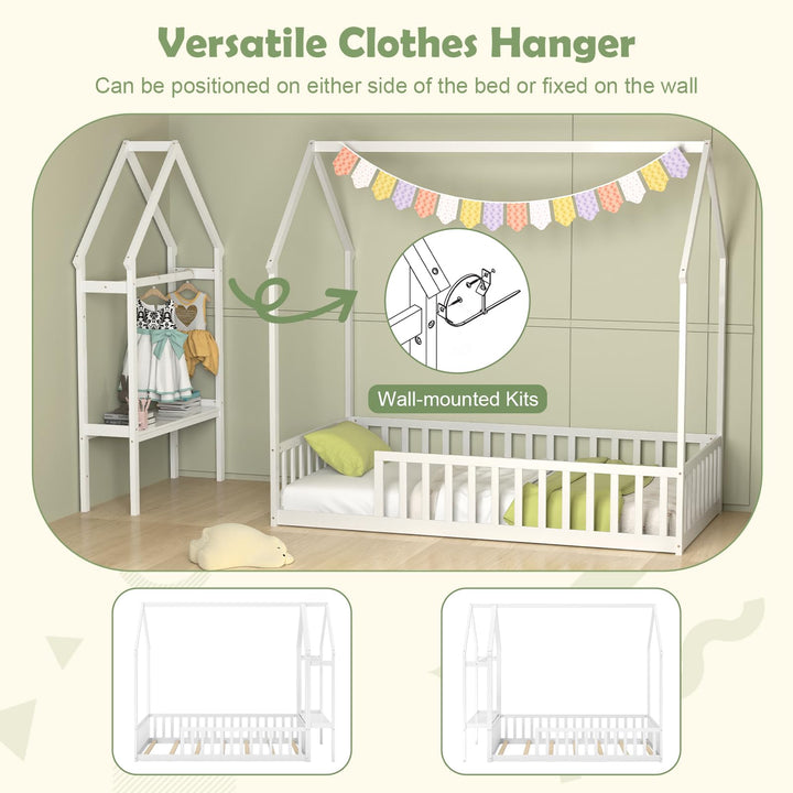 Giantex Twin House Floor Bed, Solid Wood Montessori Floor Bed with Detachable Storage Shelf &amp; Clothes Hanger