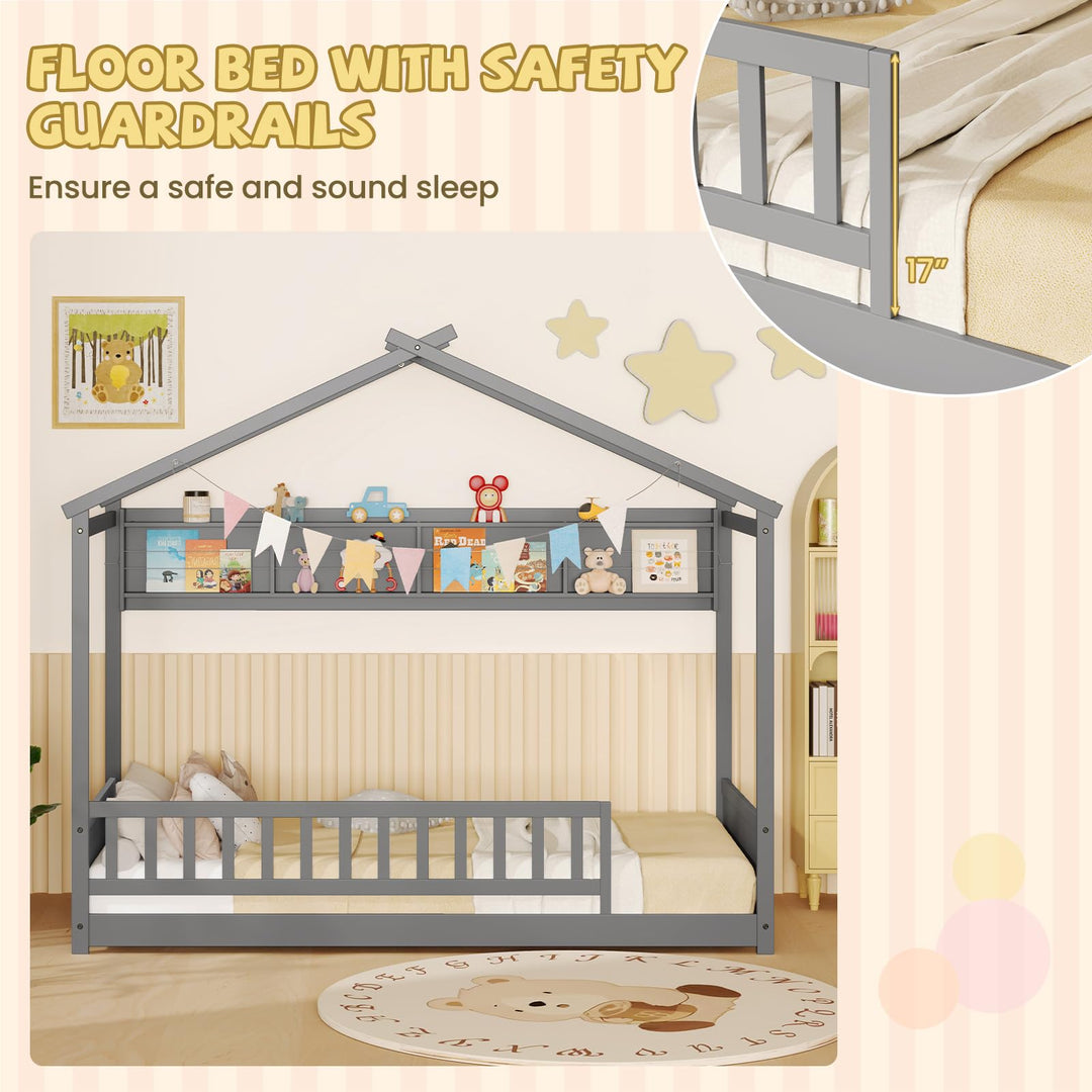 Giantex Twin Floor House Bed with Storage Shelf, Wood Twin Bed Frames with Headboard &amp; Guardrail