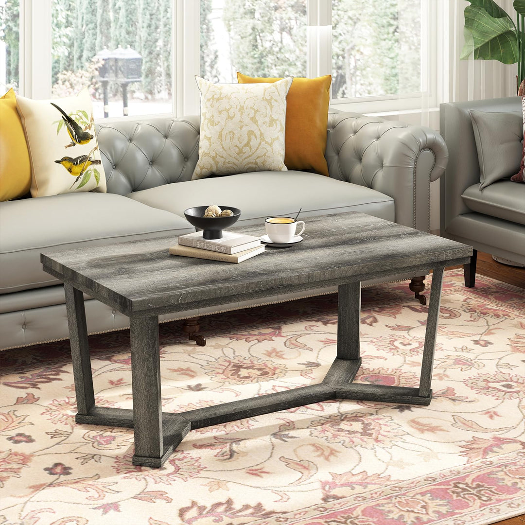 Giantex Farmhouse Wood Coffee Table with Cross-Shaped Base &amp; Rubber Wood Frame