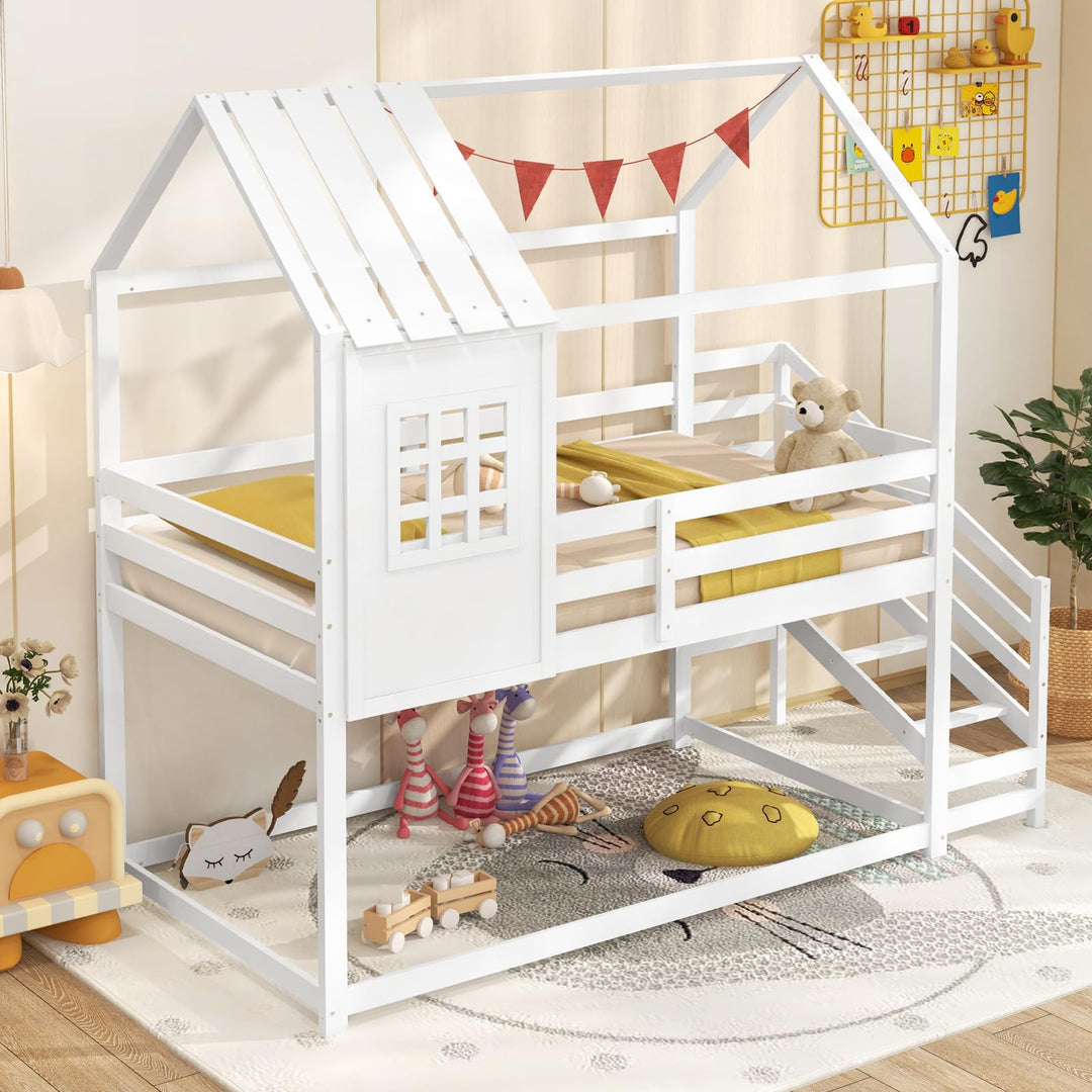 Giantex Twin Bunk Beds with Stairs, Floor House Bed with Roof &amp; Window