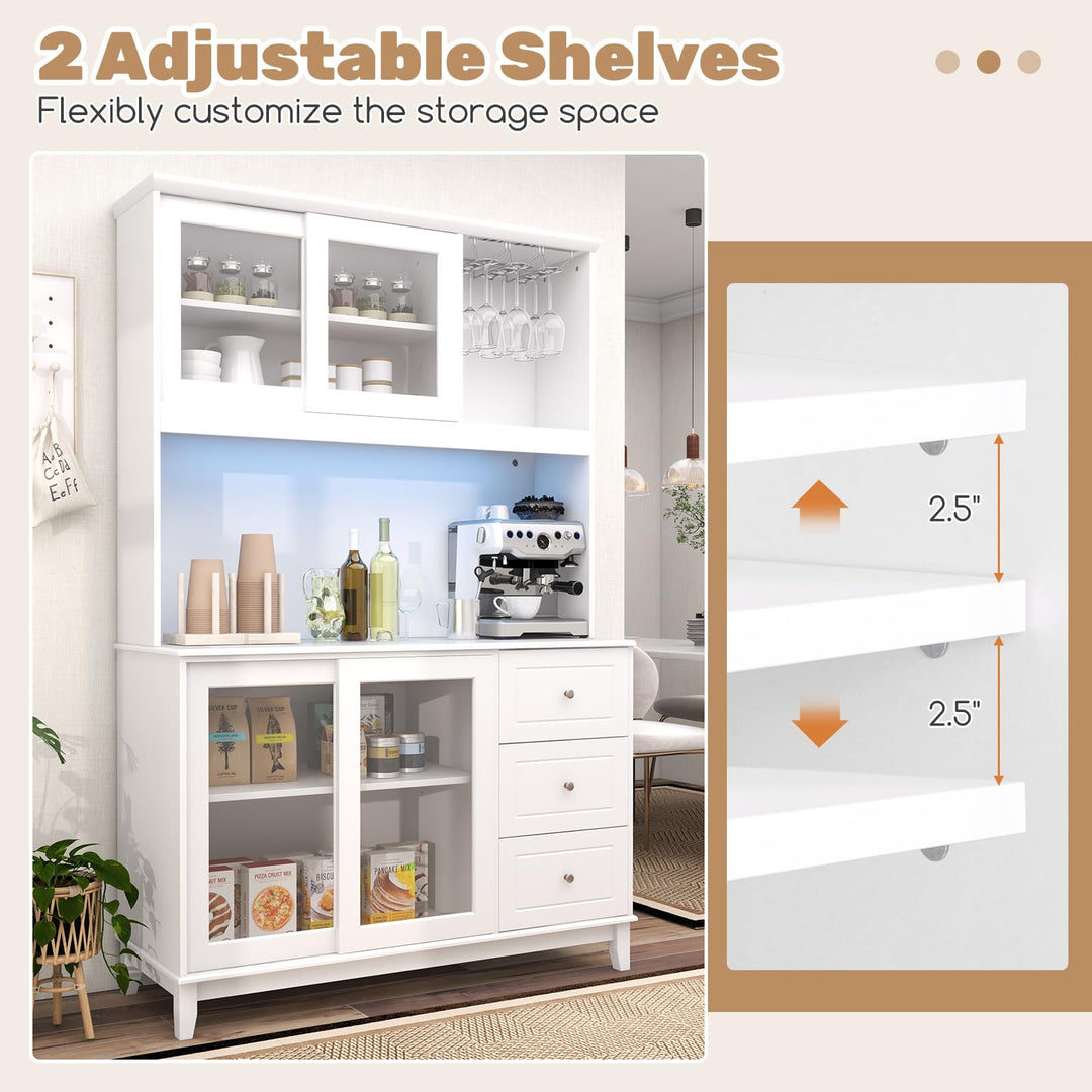 Giantex 73" Kitchen Pantry Storage Cabinet, Hutch Cabinet with LED Lights &amp; Power Outlet, Kitchen Buffet Cabinet w/Wine Glass Racks