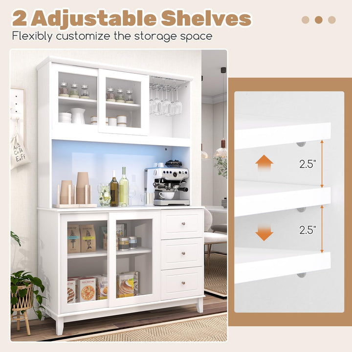 Giantex 73" Kitchen Pantry Storage Cabinet, Hutch Cabinet with LED Lights &amp; Power Outlet, Kitchen Buffet Cabinet w/Wine Glass Racks