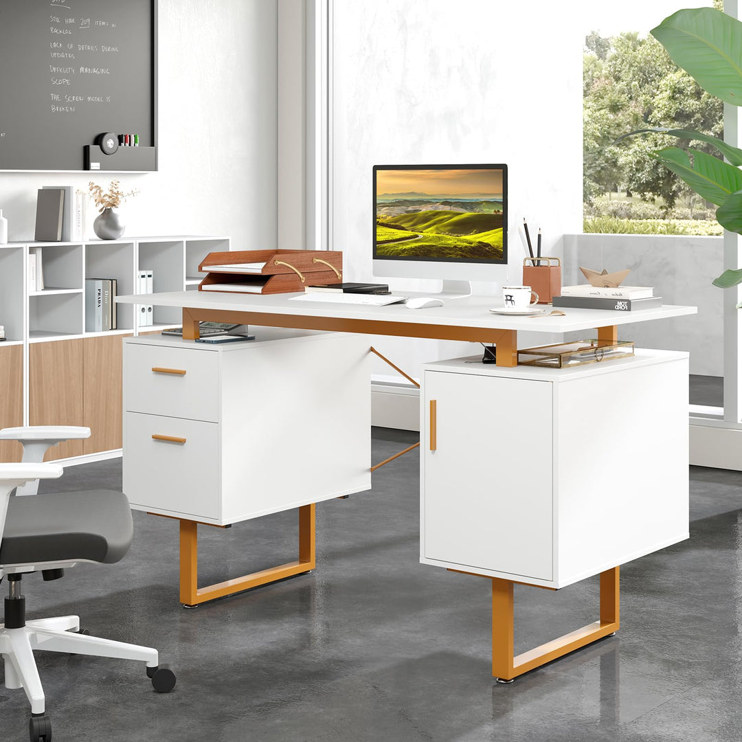 Giantex Computer Desk with Drawers &amp; Cabinet, 51” Long Home Office Desk with Floating Desktop &amp; Metal Frame