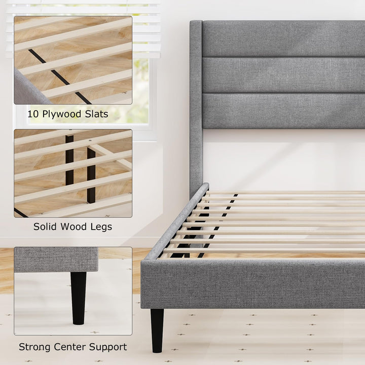 Giantex Queen/Twin Size Bed Frame, Modern Linen Upholstered Platform Bed with Wingback Headboard