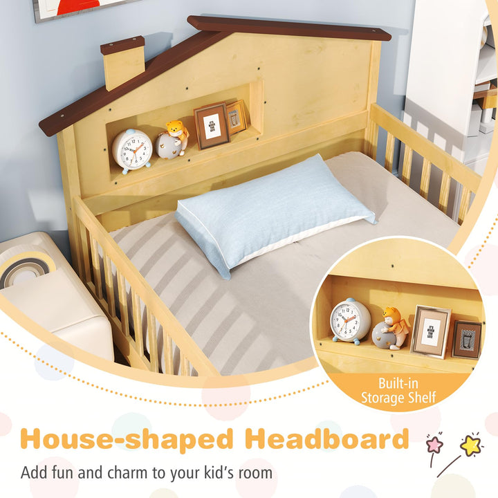 Giantex Twin Bed Frames for Kids, Solid Wood Montessori Bed with House-Shaped Headboard &amp; Built-in Storage Shelf