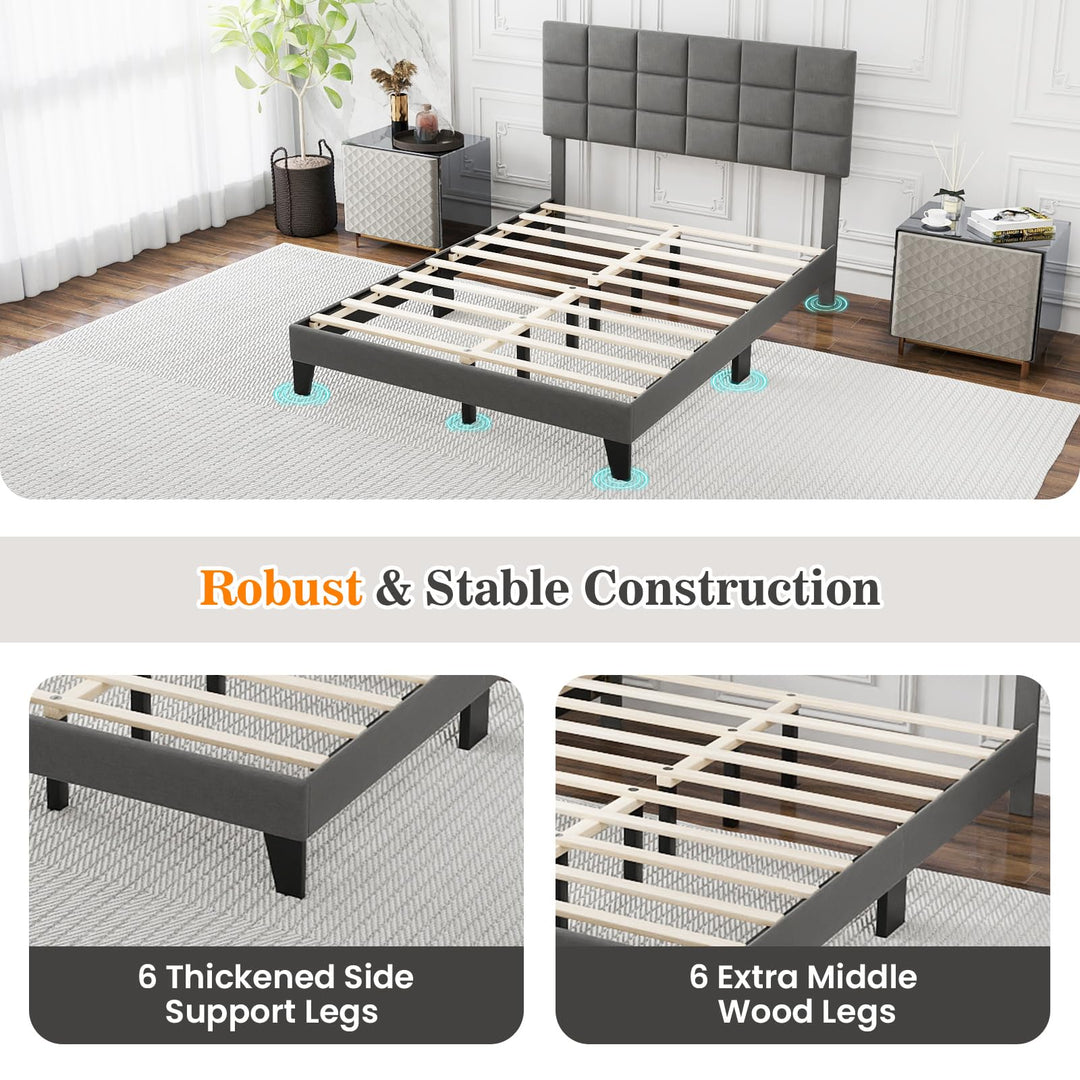 Giantex Full Size Platform Bed, Linen Fabric Upholstered Bed Frame with Adjustable Headboard &amp; Wooden Slat Support