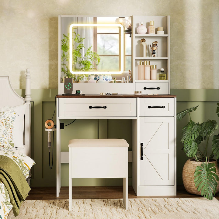 CHARMAID Glass Top Vanity Desk with Lighted Mirror Storage Stool &amp; Drawers
