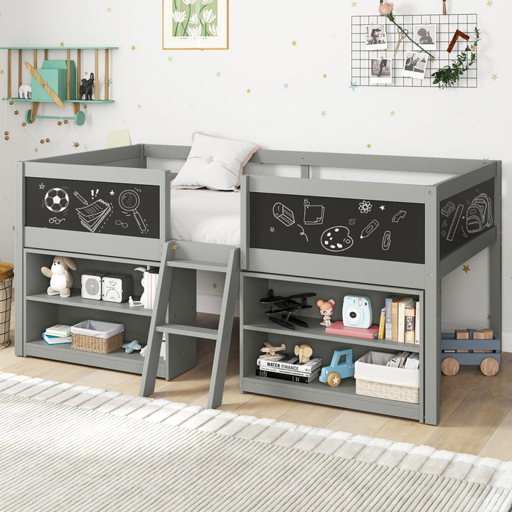 Giantex Low Loft Bed Twin Size, Wooden Loft Bed with Ladder &amp; Blackboard