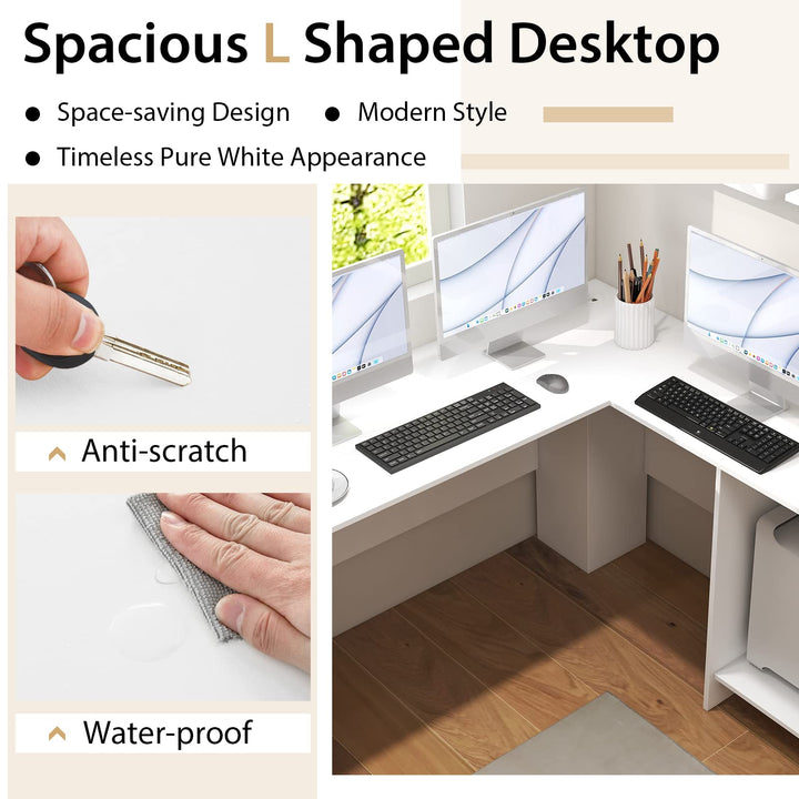 Giantex L Shaped Computer Desk, 51" Large Corner Desk with 2 Cable Holes &amp; 2 Storage Shelves, White