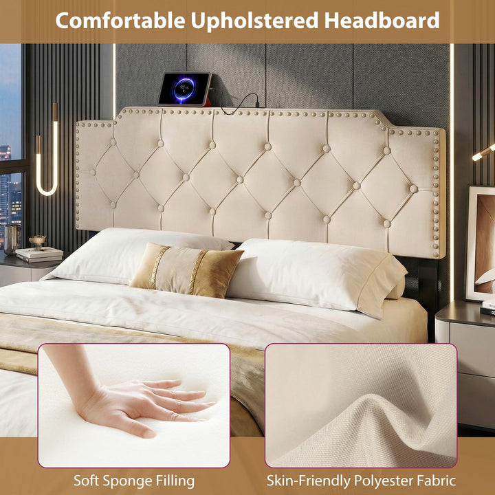 Giantex Headboard for Queen and Full Size Bed | Rivet Tufted Upholstered Head Board w/ 2 AC Outlets