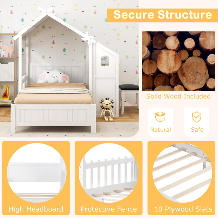 Giantex Twin House Bed with Desk &amp; Chair, Wood Kids Playhouse Bed with 2 Drawers