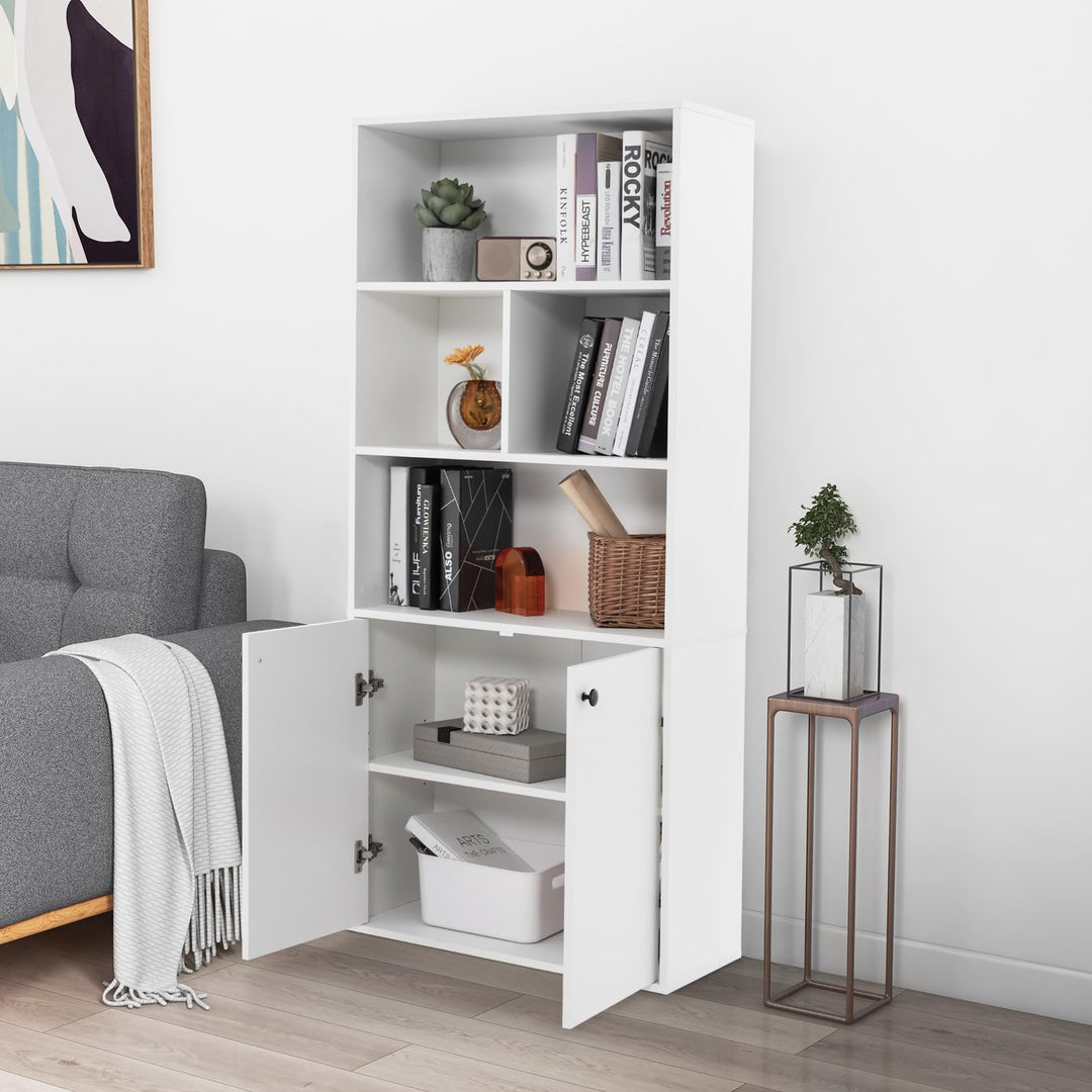 Giantex 3-Tier Bookcase with Doors, 61" Tall Bookshelf with 4 Open Cubes &amp; Adjustable Shelf, White