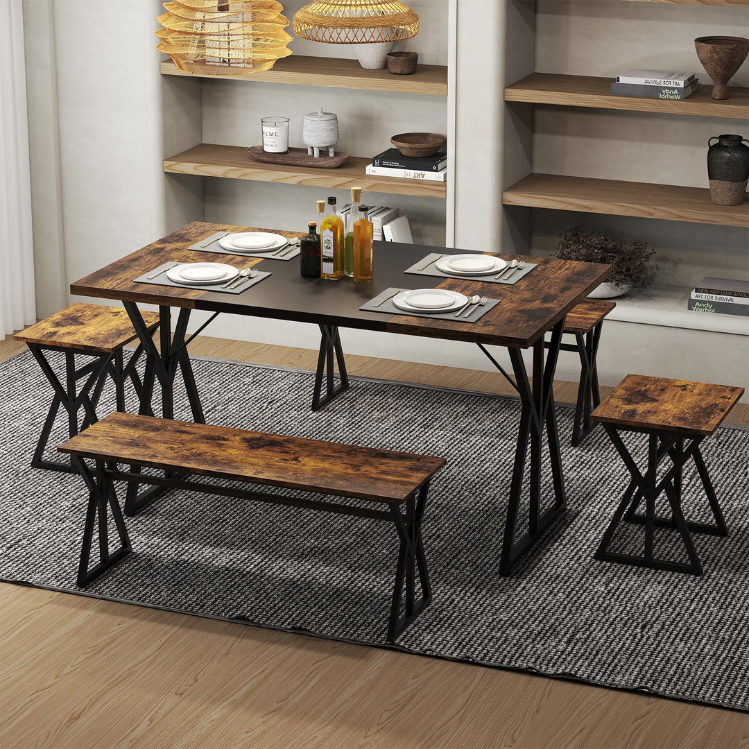 Giantex 55" Kitchen Table with 2 Benches &amp; 2 Stools with X-Shaped Metal Frame