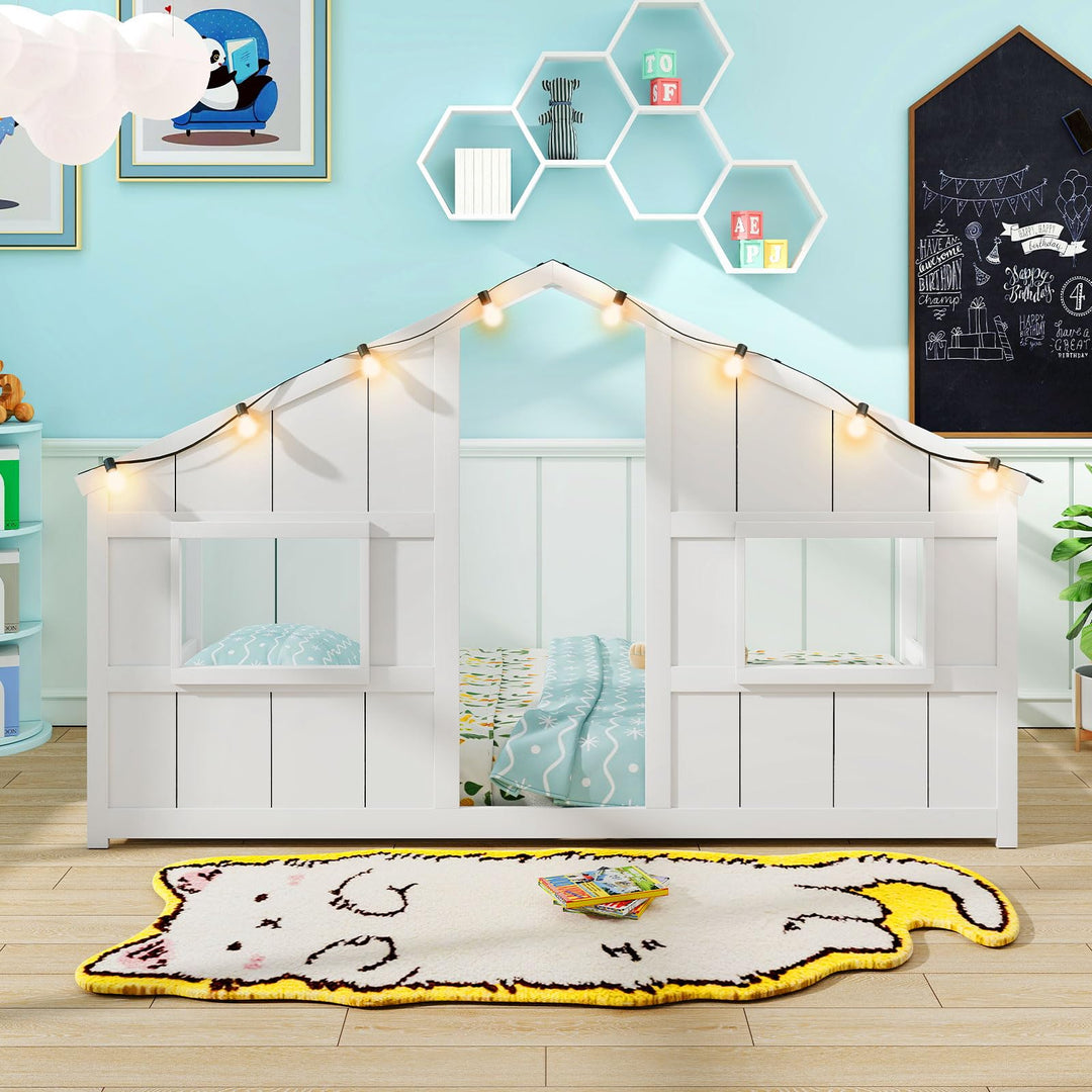 Giantex Twin Kids House Bed with Light Bulbs Wooden Montessori Floor Bed Frame with Roof &amp; Windows
