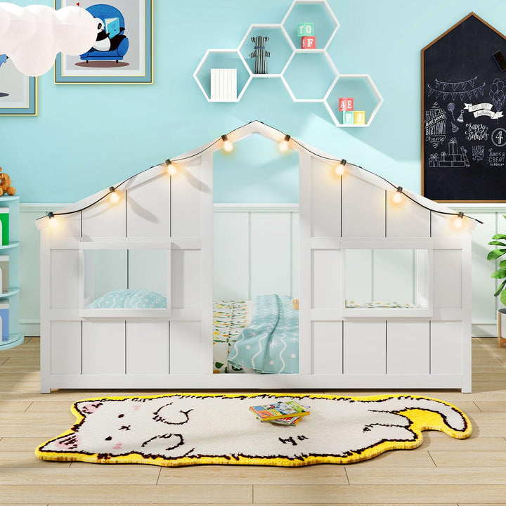 Giantex Twin Kids House Bed with Light Bulbs Wooden Montessori Floor Bed Frame with Roof &amp; Windows