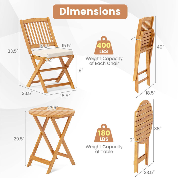 Giantex Patio Bistro Set 3 Pieces, Outdoor Acacia Wood Folding Table &amp; Chairs Set with 2 Padded Cushions