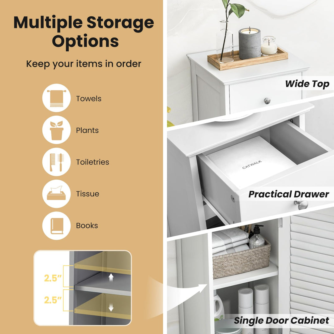 Giantex Bathroom Floor Storage Cabinet - Freestanding Side Cabinet with 1 Door, 1 Drawer &amp; 3-Height Adjustable Shelf