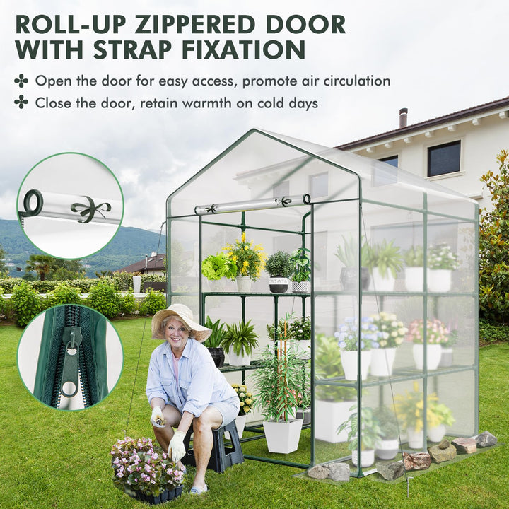 Giantex Walk-in Greenhouse w/ 3 Tiers 4 Shelves, 4 Ground Stakes &amp; Ropes, PVC Cover