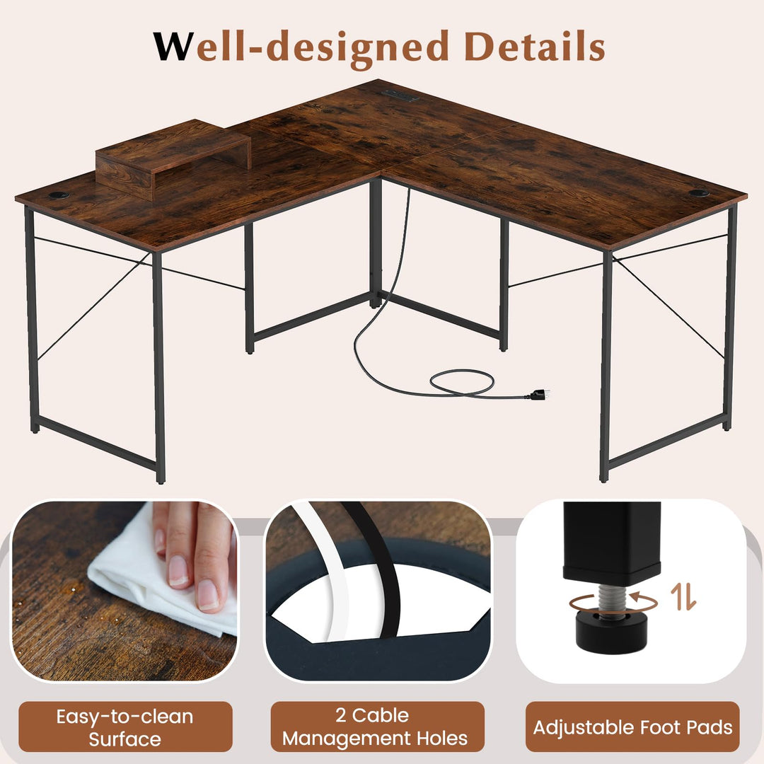 59 Inch Reversible Corner Desk with Power Outlet and USB Ports &amp; Monitor Stand