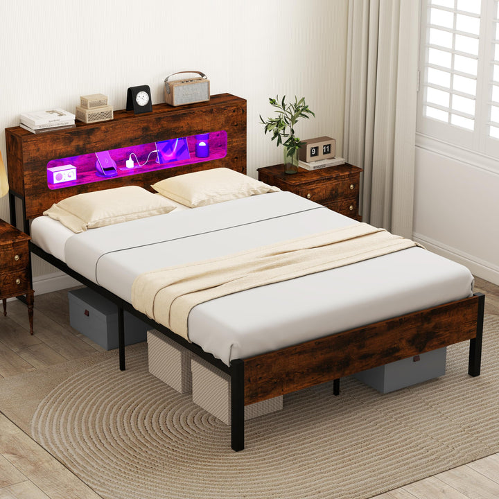 Giantex Full Size Bed Frame with LED Lights &amp; Charging Station
