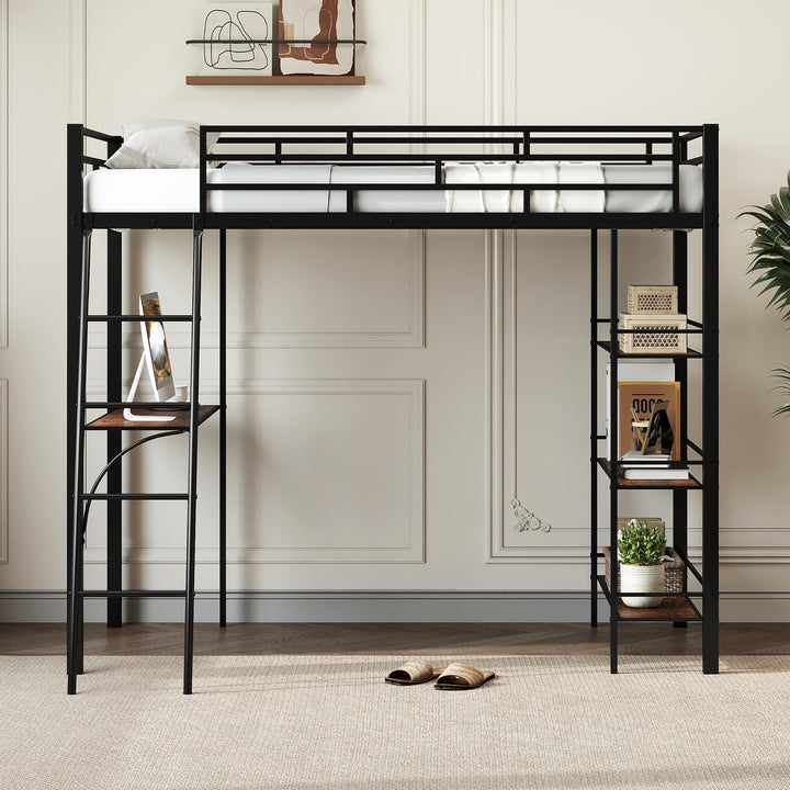 Giantex Twin Size Loft Bed with Desk &amp; Shelves for Kids