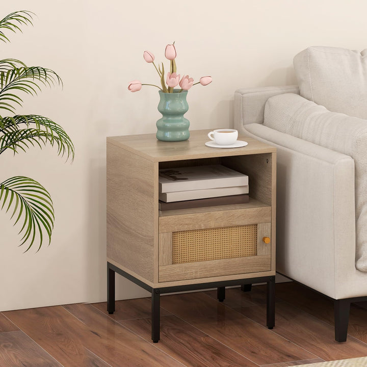 Giantex Rattan Nightstand, Boho Night Stand with Open Storage Shelf &amp; Rattan Decorative Door