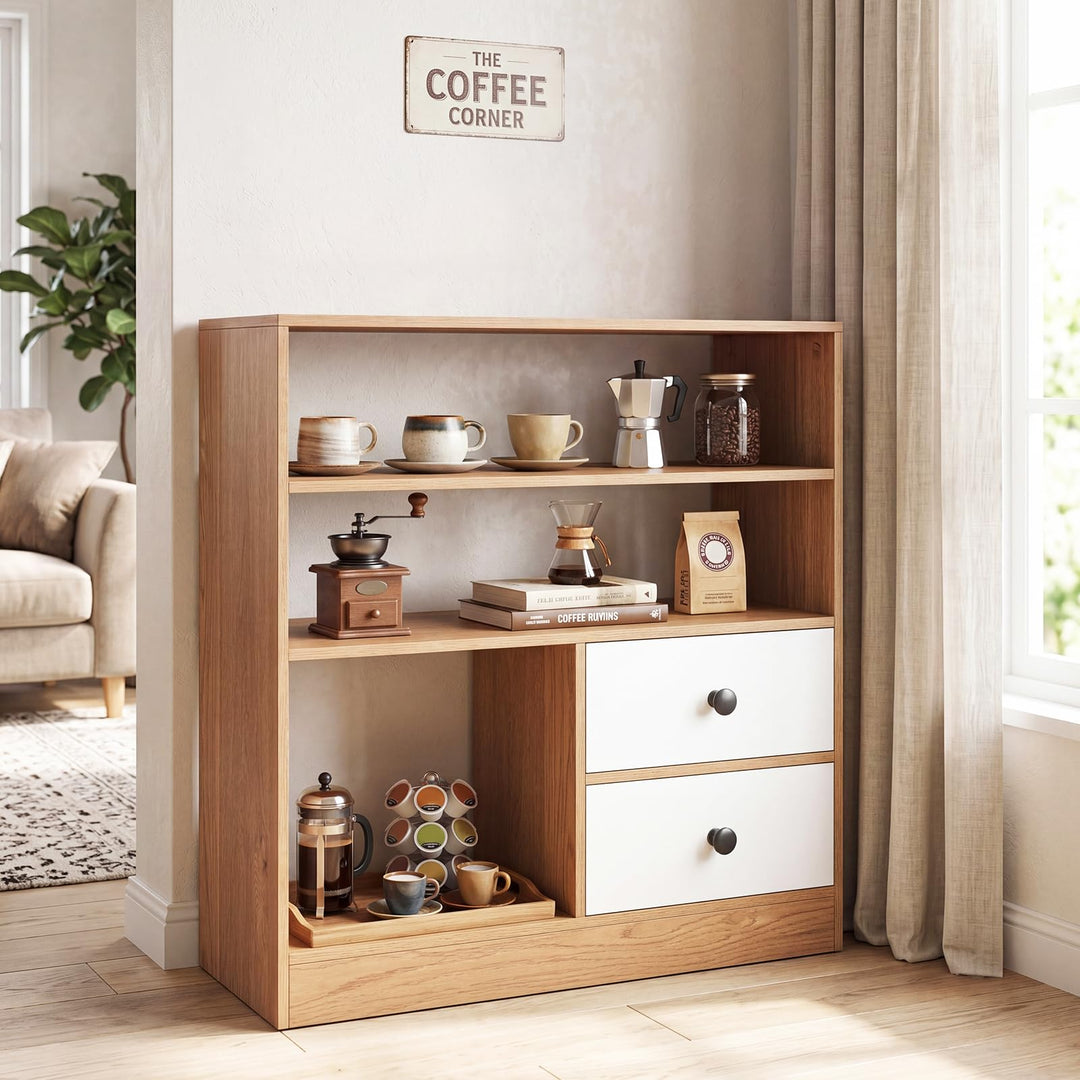 Giantex 4-Tier Freestanding Bookcase w/3 Open Compartments &amp; 2 Detachable Fabric Drawers