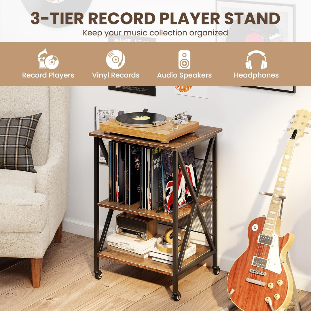Giantex Record Player Stand with Charging Station Turntable Stand with Record Storage &amp; 4 Rolling Wheels
