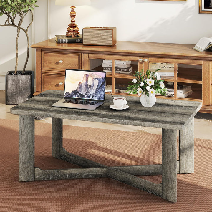 Giantex Farmhouse Wood Coffee Table Rectangle Center Table with X-Shaped Base &amp; Rubber Wood Frame