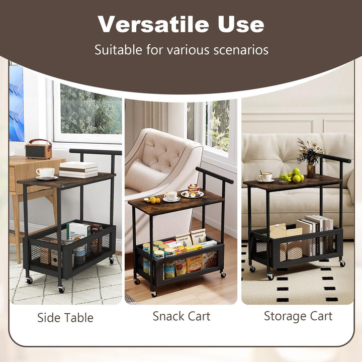 Giantex Rolling End Table with Handle 2-Tier Sofa Side Table with Open Shelf &amp; Mesh Basket