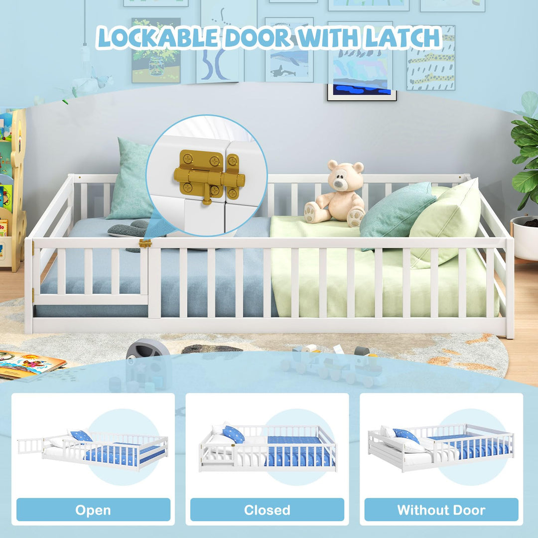 Giantex Floor Bed with Door &amp; Fence Kids Wood Montessori Beds with Safety Guardrails