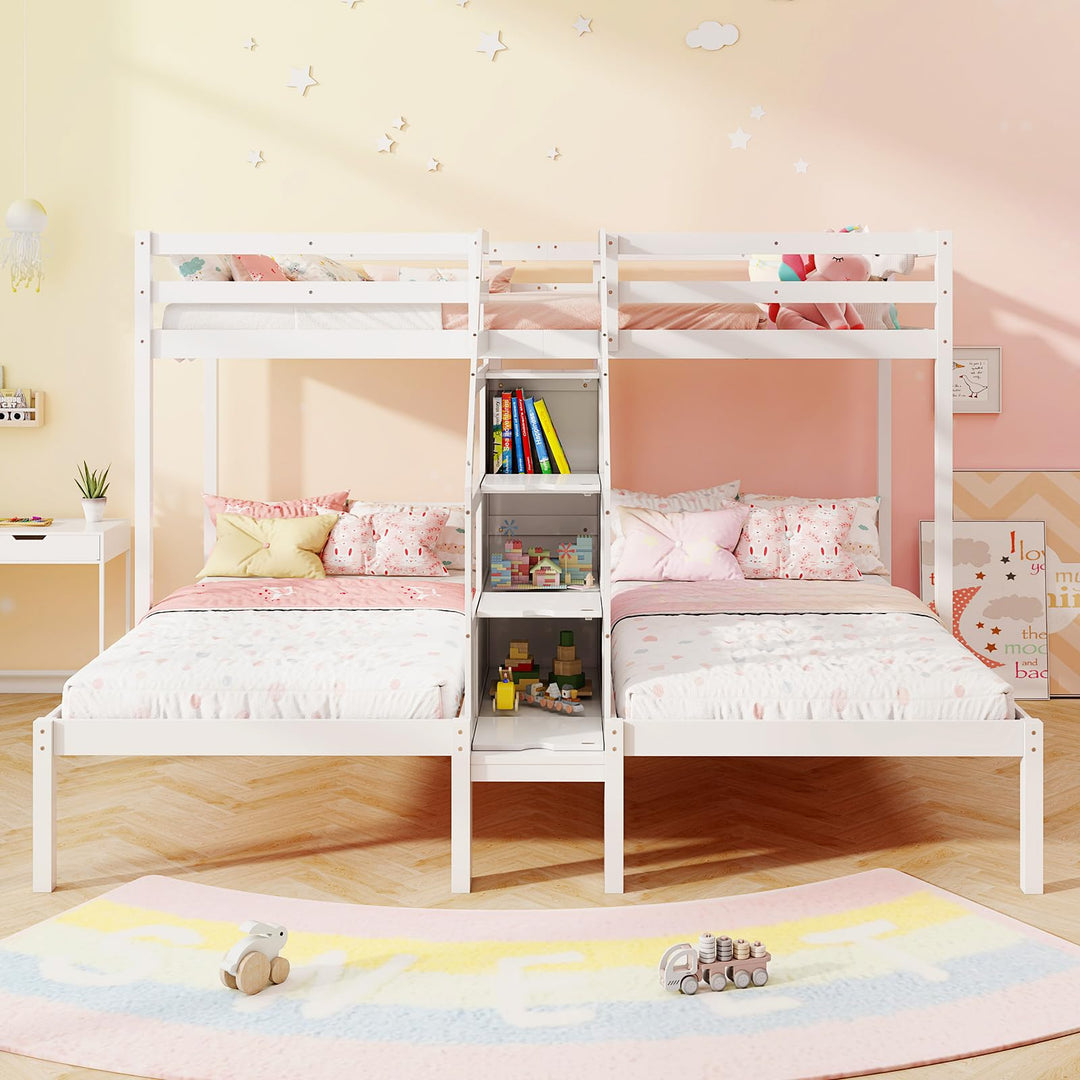 Giantex Twin Over Twin &amp; Twin Bunk Bed, Triple Bunk Beds with 4-Step Storage Stair, Wooden 3 Bunk Beds for Kids Teens