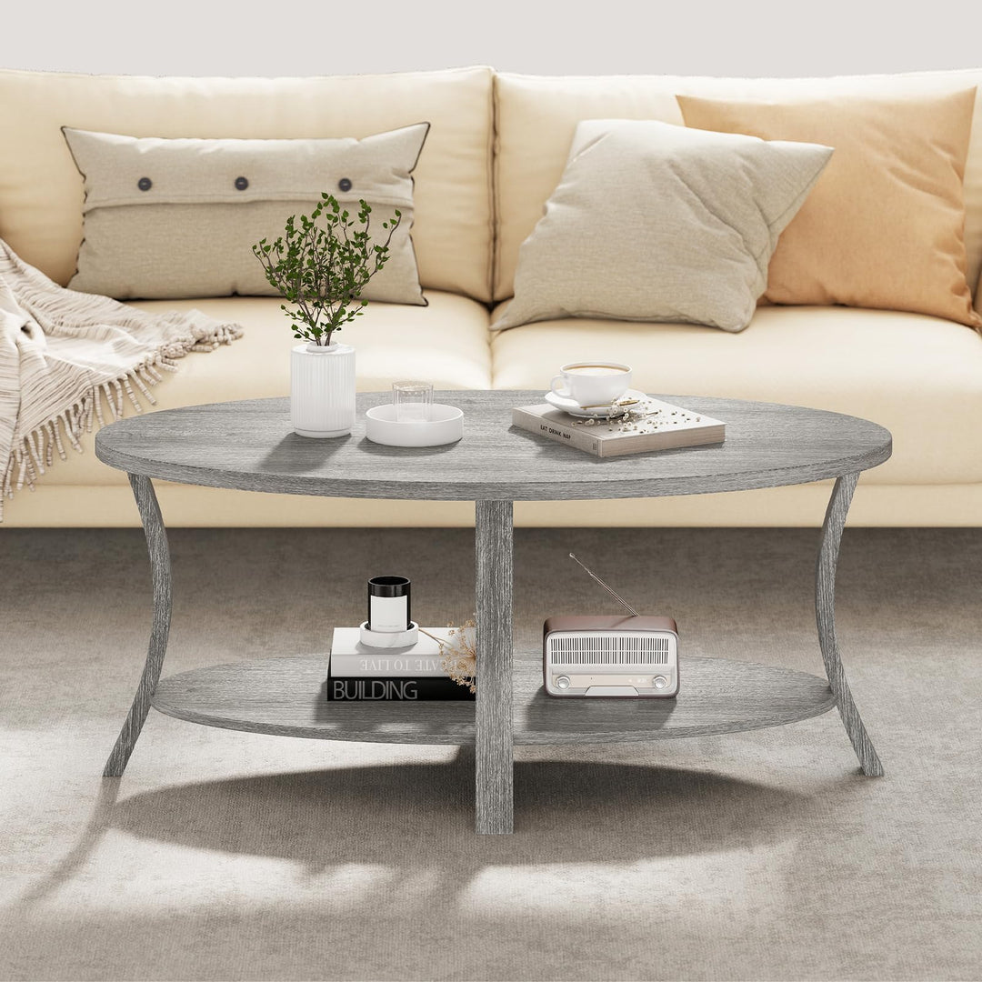Giantex 44 Inch Oval Coffee Table 2-Tier Center Table with Storage Shelf &amp; Rubber Wood Frame