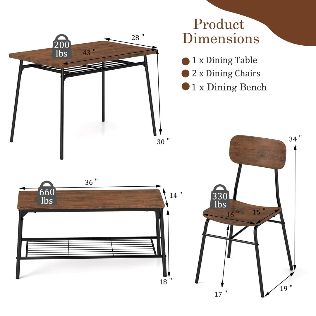 Giantex Dining Table Set for 4, Kitchen Table with Bench &amp; 2 Chairs, Storage &amp; Metal Frame