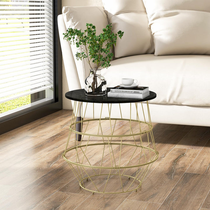 Giantex Round Coffee Table, Faux Marble Side End Table with Gold Metal Frame &amp; Removeable Top