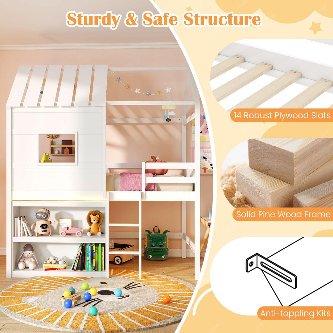 Giantex Twin Size Loft Bed with LED Lights Roof Window and Storage Bookshelf