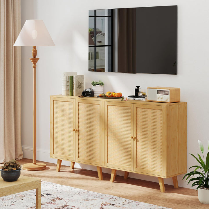 Giantex 2 Tier Bamboo Sideboard with PE Rattan Decorated Doors