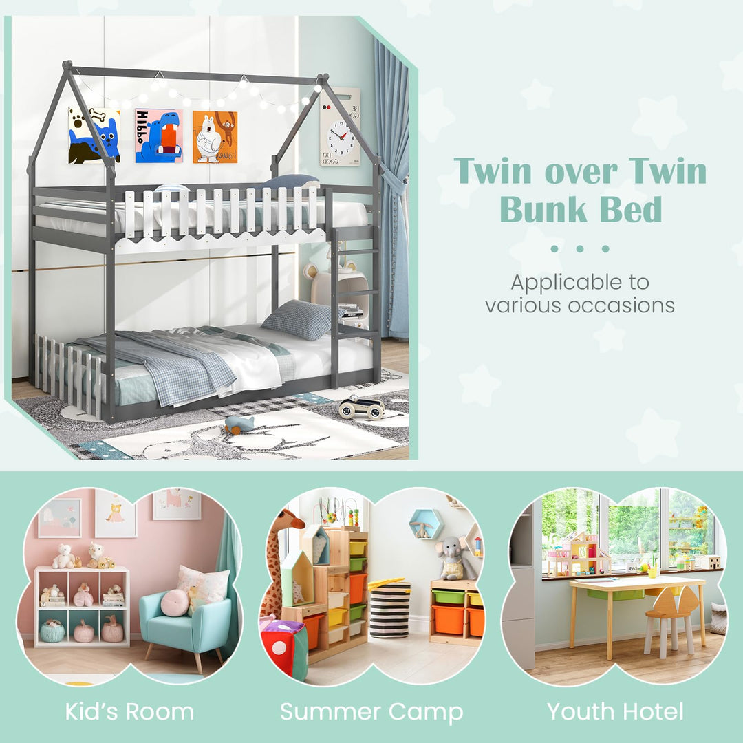 Giantex Bunk Bed Twin Over Twin, Wood House Low Bunk Bed with Ladder &amp; Fence Safety Guardrail