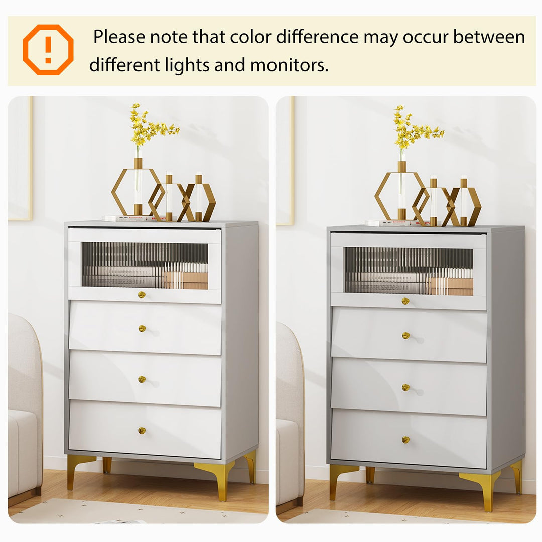 Giantex 3 Drawer Dresser, Modern Storage Cabinet w/Flip Up Fluted Glass Door &amp; Pull-Out Drawers